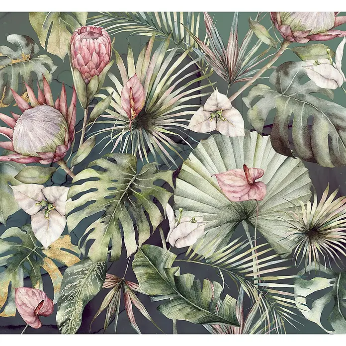Komar Ink Fototapete Monsterawelt6 -tlg., B x H: 300 x 280 cm, Vlies - Üppiges tropisches Aquarellmuster mit Monstera-Blättern, Protea-Blüten und Anthurien, das eine exotische und ruhige Atmosphäre schafft.