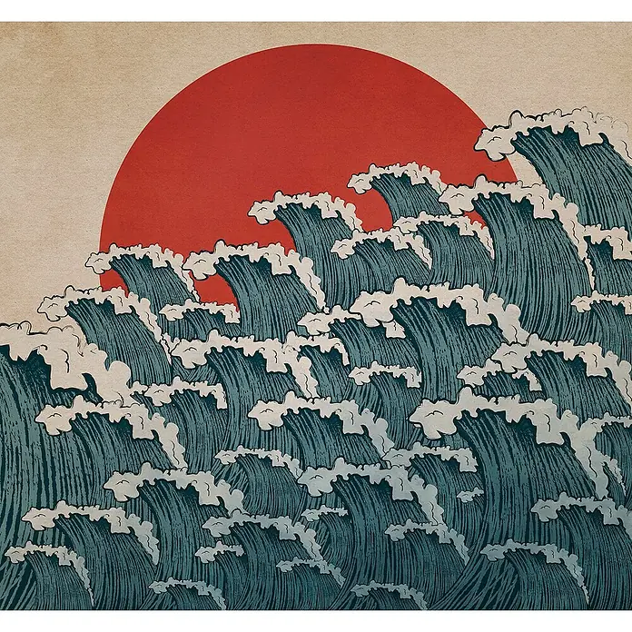 Komar Ink Fototapete Nami - 6 -tlg., B x H: 300 x 280 cm, Vlies - Darstellung von Wellen und einer roten Sonne im japanischen Stil, ideal als Wanddekoration oder Poster für Liebhaber japanischer Kunst.