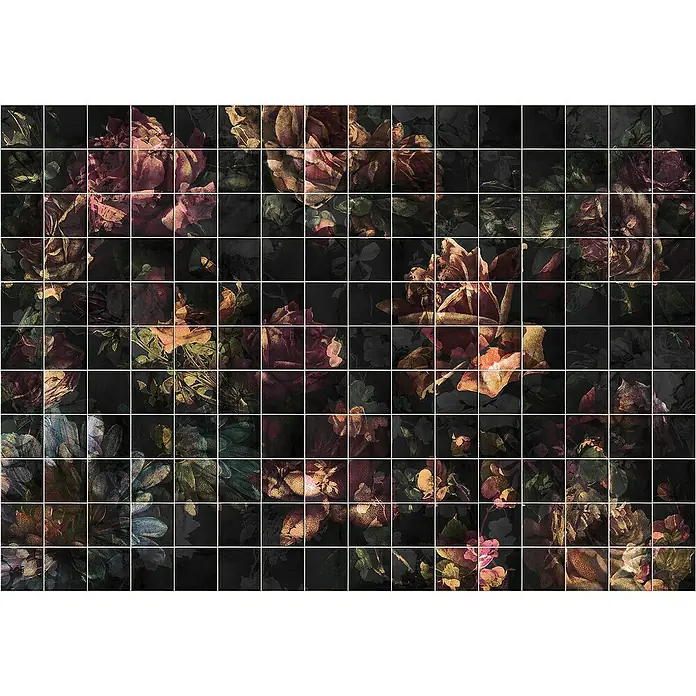 Komar Ink Fototapete Tiles Flowers - 8 -tlg., B x H: 400 x 280 cm, Vlies - Mosaikfliesen mit floralem Muster. Dunkle und elegante Wandgestaltung mit Rosenmotiven für ein stilvolles Interieur.