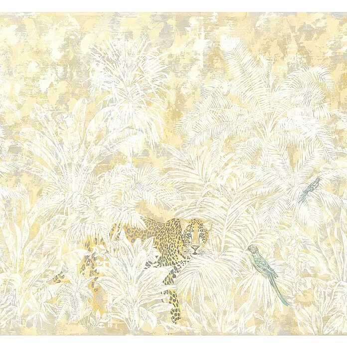 Komar Ink Fototapete Jungle Maze - 6 -tlg., B x H: 300 x 280 cm, Vlies - Tropische Dschungeltapete mit geflecktem Leoparden, weißen Pflanzen und Papageien auf strukturiertem Gelb-Grau-Hintergrund.