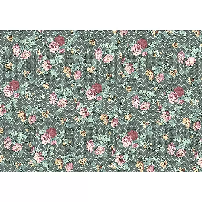 Komar Ink Fototapete Embellish - 8 -tlg., B x H: 400 x 280 cm, Vlies - Buntes Vintage-Blumenmuster mit rosa und roten Rosen, gelben Akzenten und grünen Blättern auf dunklem, gemustertem Grund.