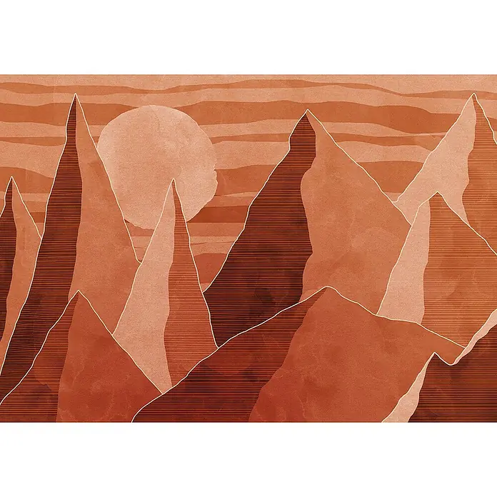Komar Ink Fototapete Desert Mile - 8 -tlg., B x H: 400 x 280 cm, Vlies - Illustration von Terrakotta-Bergen und einer Sonne im Hintergrund. Horizontale Linien verstärken die grafische Wirkung des dekorativen Produkts.