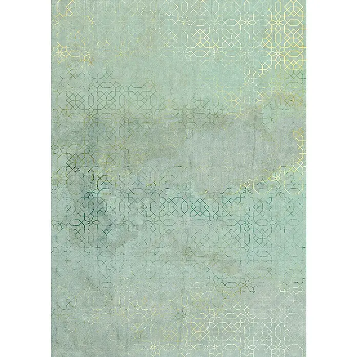 Komar Ink Fototapete Oriental Finery - 4 -tlg., B x H: 200 x 280 cm, Vlies - Ein elegantes, mintfarbenes Teppichdesign mit goldenen, geometrischen Mustern, das jedem Raum einen Hauch von Orient verleiht.
