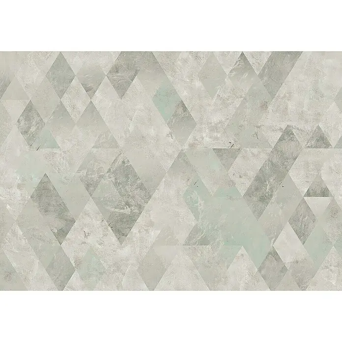 Komar Ink Fototapete Harlekin Clay - 8 -tlg., B x H: 400 x 280 cm, Vlies - Eine strukturierte Wand mit geometrischen Diamant- und Dreiecksmustern in verschiedenen Grautönen, die eine moderne und elegante Optik erzeugt.
