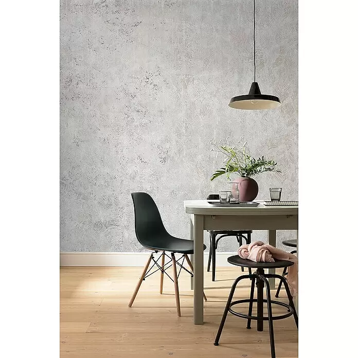 Komar Raw Fototapete Feathered - 4 -tlg., B x H: 400 x 280 cm, Vlies - Tapete mit dezentem Blattmuster in sanften Beige- und Grautönen, die einem modernen Esszimmer eine natürliche Note verleiht.