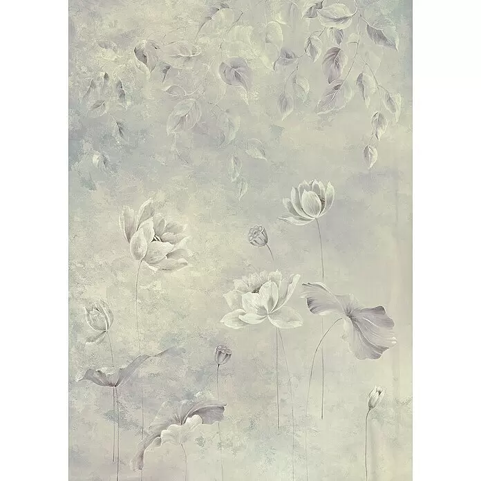 Komar Raw Fototapete Water Lily - 2 -tlg., B x H: 200 x 280 cm, Vlies - Ätherisches botanisches Tapetendesign mit blassgrau-lavendelfarbenen Lotusblumen und Blättern.