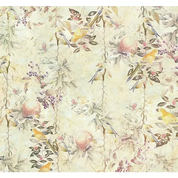 Komar Raw Fototapete Cosy Bohemian - 3 -tlg., B x H: 300 x 280 cm, Vlies - Vintage Blumen- und Vogelmuster mit bunten Vögeln, Laub und Früchten auf strukturiertem, hellem Hintergrund.