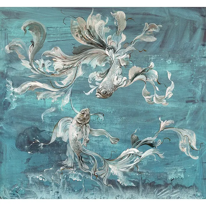 Komar Ink Fototapete Flux6 -tlg., B x H: 300 x 280 cm, Vlies - Kunstvolle Darstellung von zwei eleganten Fischen in einem beruhigenden aquatischen Blau, ein wahrer Blickfang für jeden Raum.