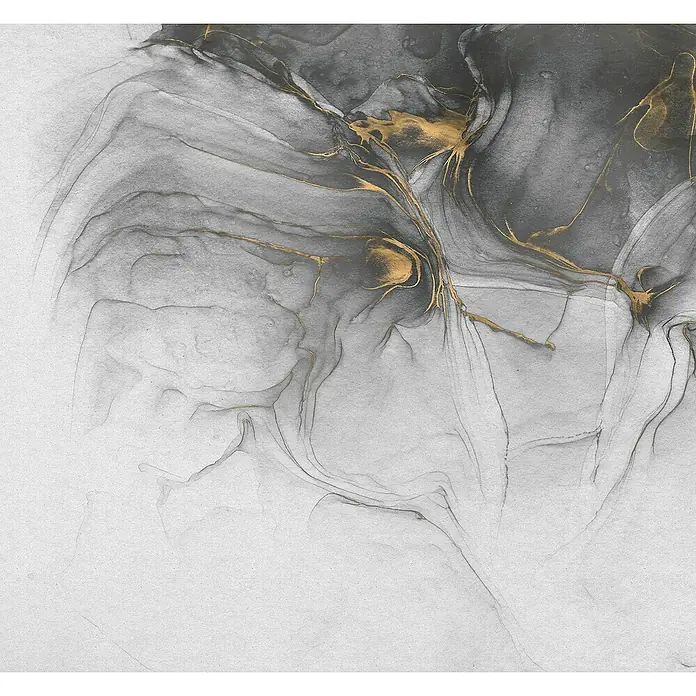 Komar Ink Fototapete Ink Gold Flow - 6 -tlg., B x H: 300 x 280 cm, Vlies - Abstraktes Gemälde mit grauen und goldenen Tintenwirbeln, das eine elegante und moderne Atmosphäre vermittelt.