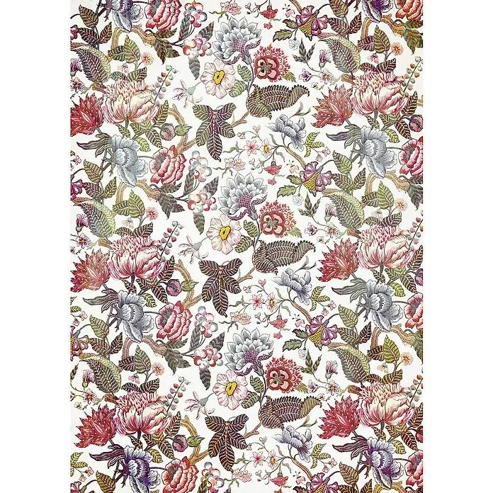 Komar Ink Fototapete Fleurs de rêve - 4 -tlg., B x H: 200 x 280 cm, Vlies - Detailreiches florales Muster mit roten, blauen und rosa Blüten, üppigen Blättern und eleganten Ranken auf hellem Grund.