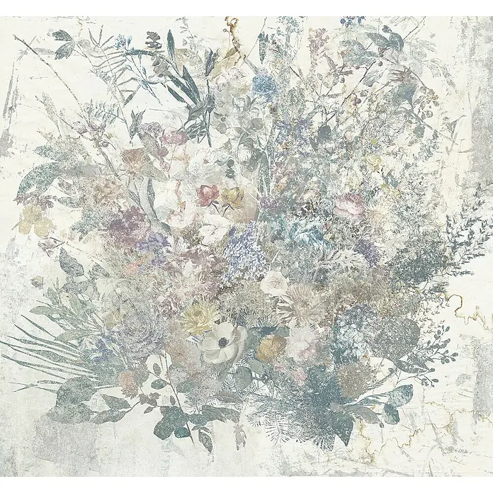Komar Raw Fototapete Bouquet Blowout3 -tlg., B x H: 300 x 280 cm, Vlies - Eine zarte Darstellung eines Blumenbouquets mit gedämpften Farben und einer verwaschenen Textur, die einen Vintage-Charme versprüht.