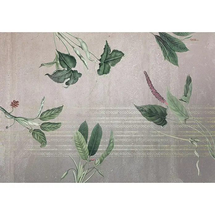 Komar Ink Fototapete Tropic Concrete8 -tlg., B x H: 400 x 280 cm, Vlies - Wandkunst mit tropischen Pflanzen-Illustrationen auf pastellfarbenem Hintergrund mit subtilem Muster, ein elegantes Dekorationsstück.