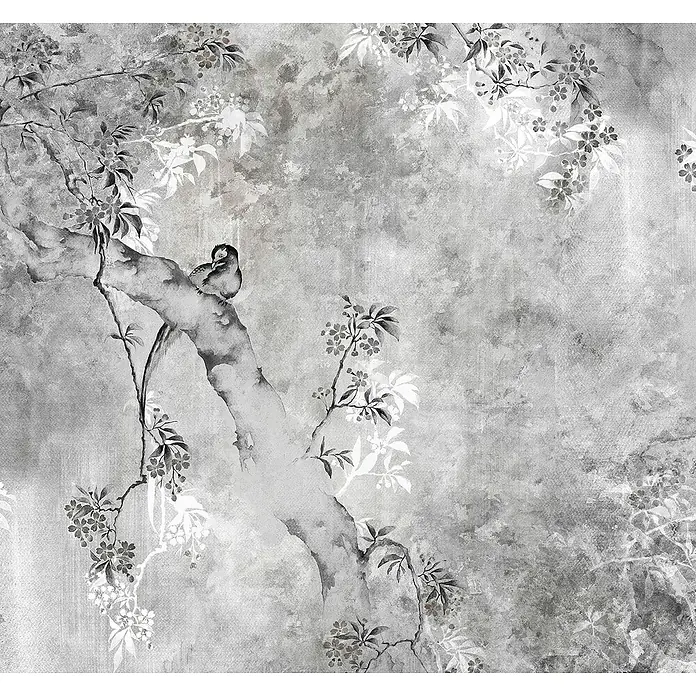 Komar Ink Fototapete Dynasty - 6 -tlg., B x H: 300 x 280 cm, Vlies - Elegante monochrome Illustration eines Vogels auf einem blühenden Zweig. Die zarten Details und die grauen Farbtöne erzeugen eine ruhige Atmosphäre.