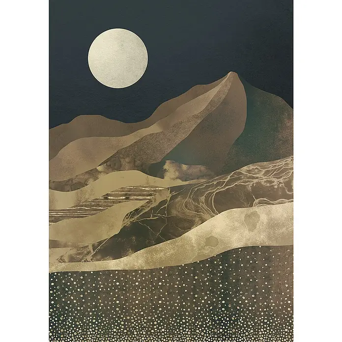 Komar Ink Fototapete Mountain Spike - 4 -tlg., B x H: 200 x 280 cm, Vlies - Elegantes Wandbild mit abstrakter Berglandschaft, sanften Farbtönen und einem hellen Mond vor dunklem Hintergrund.