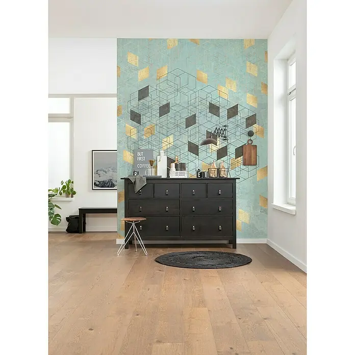 Komar Ink Fototapete Plaqué Or - 4 -tlg., B x H: 200 x 280 cm, Vlies - Dekoratives Wandbild mit geometrischen Formen in Gold und Grau, die einen modernen Akzent setzen. Perfekt für stilbewusste Wohnräume.