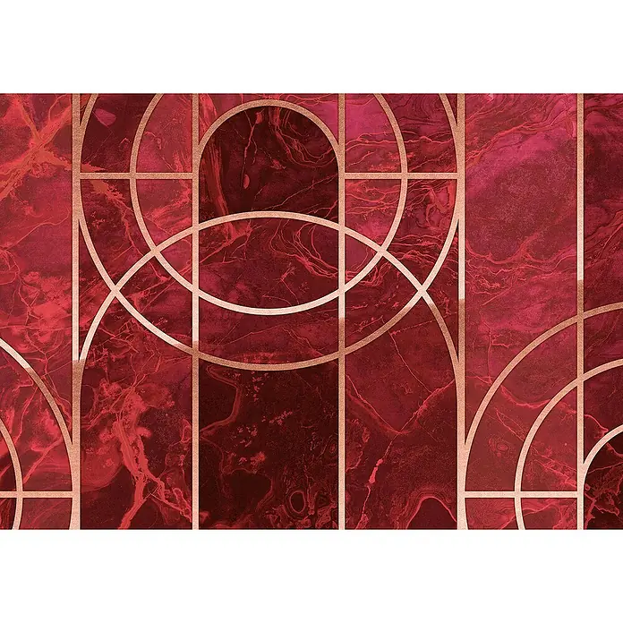 Komar Ink Fototapete Pompeux8 -tlg., B x H: 400 x 280 cm, Vlies - Elegantes Wandbild mit geometrischem Muster in Rot und Goldtönen, das jedem Raum einen luxuriösen Touch verleiht.\n