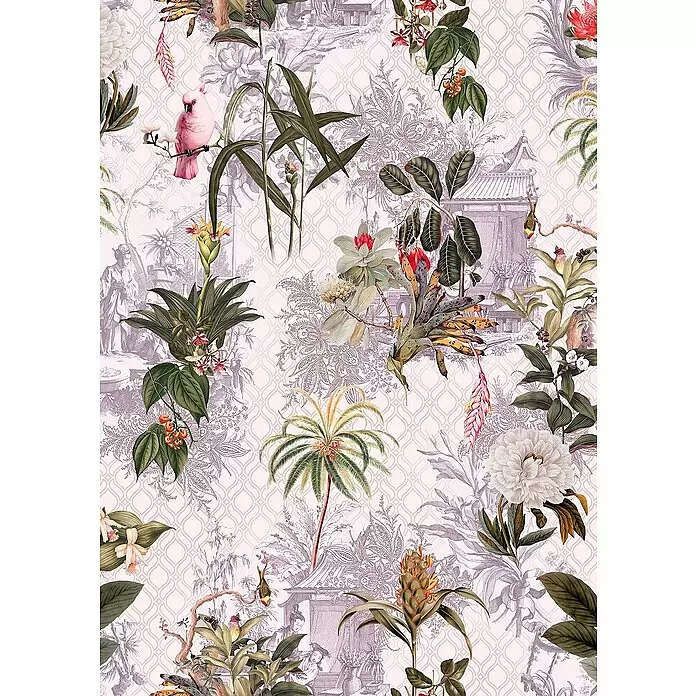 Komar Raw Fototapete Tropicana - 2 -tlg., B x H: 200 x 280 cm, Vlies - Nahtloses botanisches Muster mit lebhaften tropischen Pflanzen, exotischen Vögeln und zarten rosa Toile-Elementen auf strukturiertem Hintergrund.