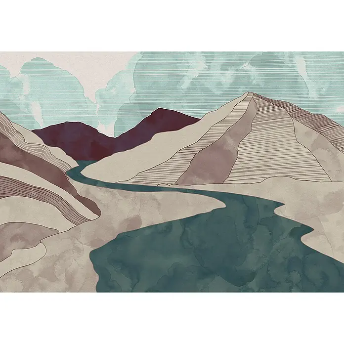 Komar Ink Fototapete Terra8 -tlg., B x H: 400 x 280 cm, Vlies - Malerische Berglandschaft mit einem gewundenen Fluss, die mit sanften Farben und linearen Details eine ruhige Szene darstellt.