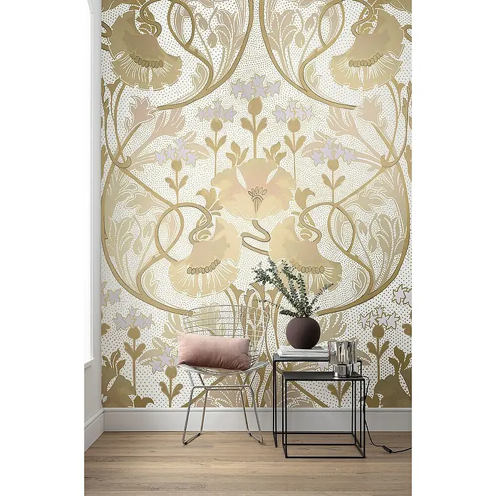 Komar Raw Fototapete Fino - 4 -tlg., B x H: 200 x 280 cm, Vlies - Das Wandbild mit floralem Muster in Goldtönen verleiht dem Raum eine elegante Note. Das Design im Jugendstil passt perfekt zu modernen Möbeln.