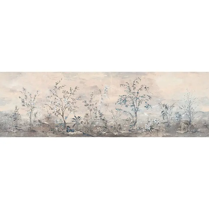 Komar Raw Fototapete Mandarin Morning18 -tlg., B x H: 900 x 280 cm, Vlies - Stimmungsvolle Tapete mit zarten Bäumen und Pflanzen in sanften Grau- und Pastelltönen, die jedem Raum eine elegante Note verleiht.