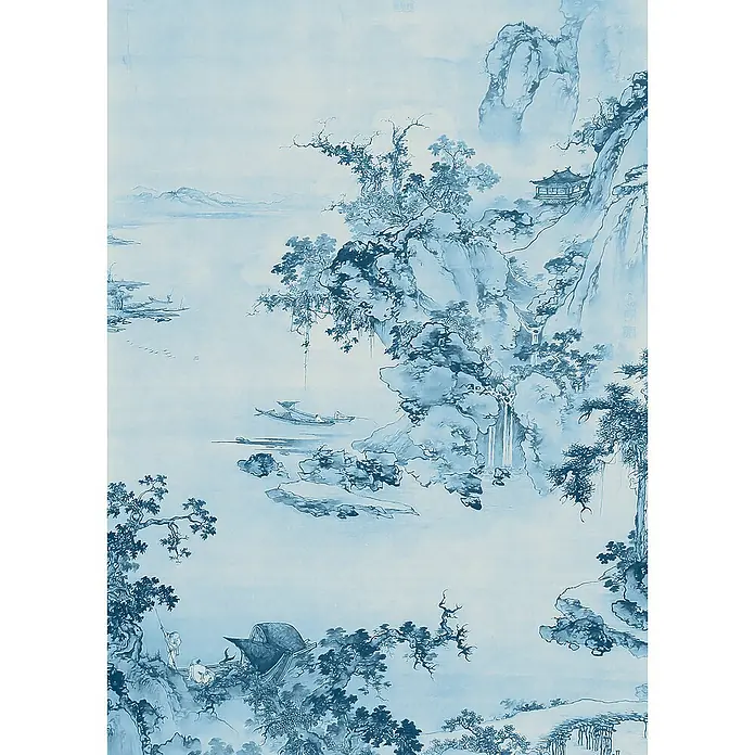 Komar Raw Fototapete Blue China - 2 -tlg., B x H: 200 x 280 cm, Vlies - Elegante chinesische Tuschemalerei in zarten Blautönen, die eine friedvolle Berglandschaft mit Booten und Wasserfällen darstellt.