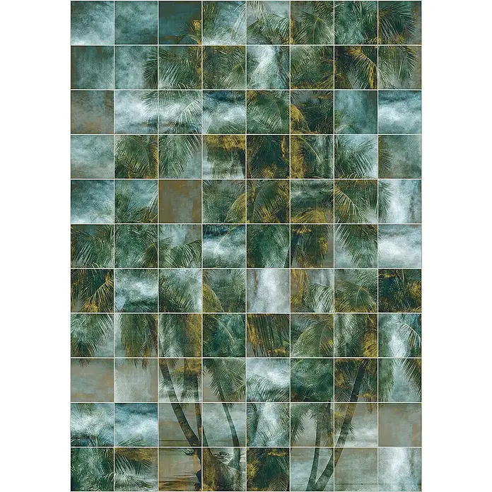 Komar Ink Fototapete Palm Puzzle4 -tlg., B x H: 200 x 280 cm, Vlies - Wandfliesen mit einem tropischen Design von Palmen und abstrakten Mustern, ideal für Badezimmer oder Küchen, für einen Hauch von Exotik.