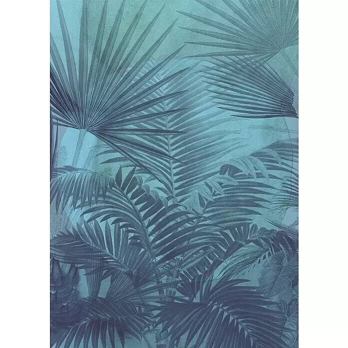 Komar Ink Fototapete Transparency - 4 -tlg., B x H: 200 x 280 cm, Vlies - Texturiertes blaugrünes tropisches Blattmuster mit Palmen- und Dschungelblättern, zur Dekoration.
