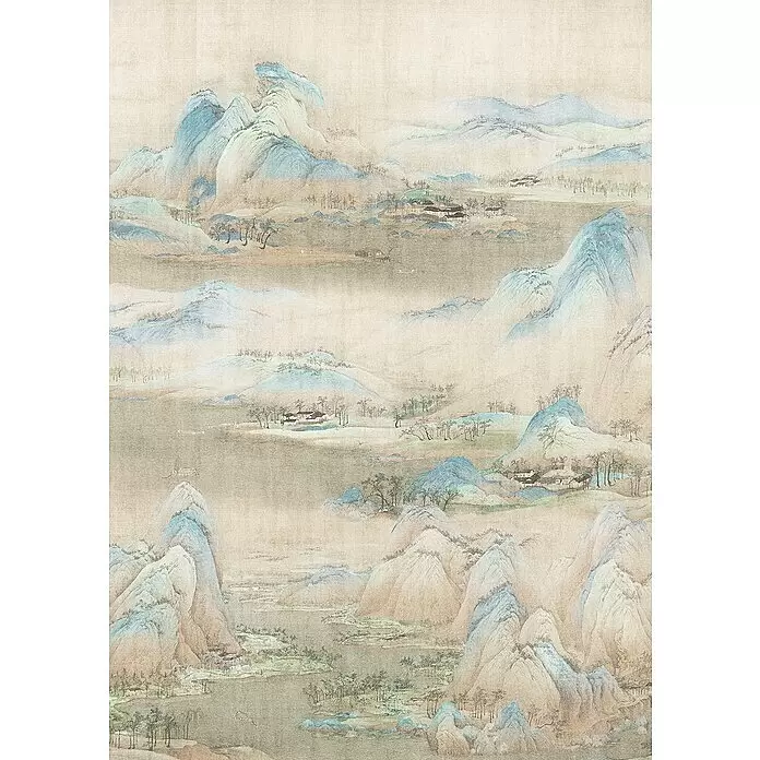 Komar Ink Fototapete Amenity - 4 -tlg., B x H: 200 x 280 cm, Vlies - Tapete mit einer traditionellen chinesischen Landschaftsmalerei, die blau-grüne Berge, Wasser, Bäume und kleine Dörfer zeigt.