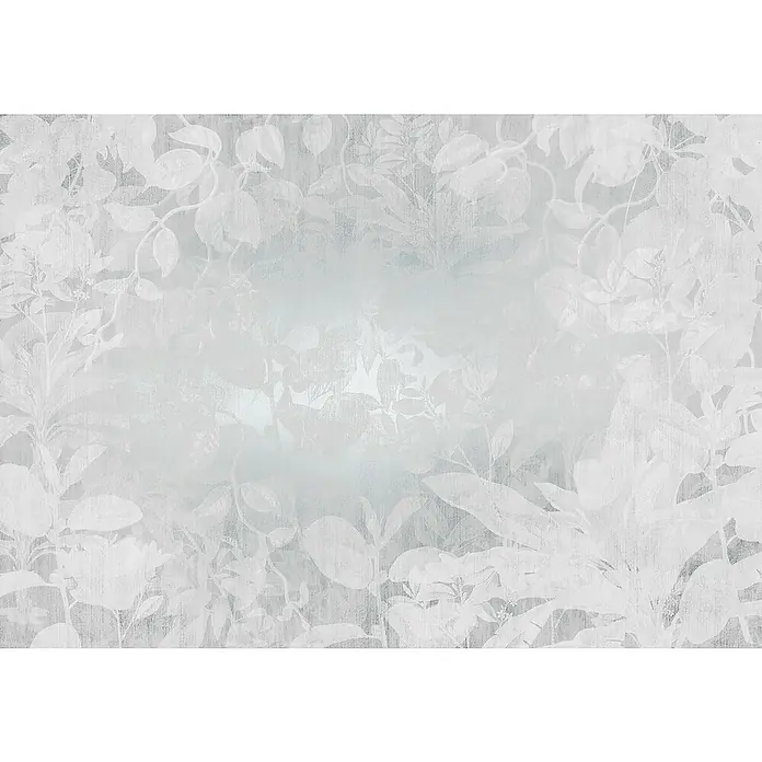 Komar Raw Fototapete Flora8 -tlg., B x H: 400 x 280 cm, Vlies - Weißes florales Tapetenmuster, das eine ruhige und elegante Atmosphäre schafft. Perfekt für Schlafzimmer oder Wohnzimmer mit sanftem Licht.