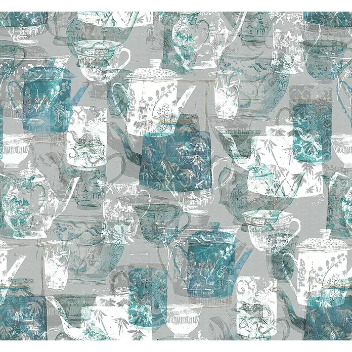 Komar Raw Fototapete Tableware - 3 -tlg., B x H: 300 x 280 cm, Vlies - Muster aus Teekannen und Tassen in Blau- und Weißtönen auf grauem Hintergrund, ideal für Küchentextilien und Dekoration.