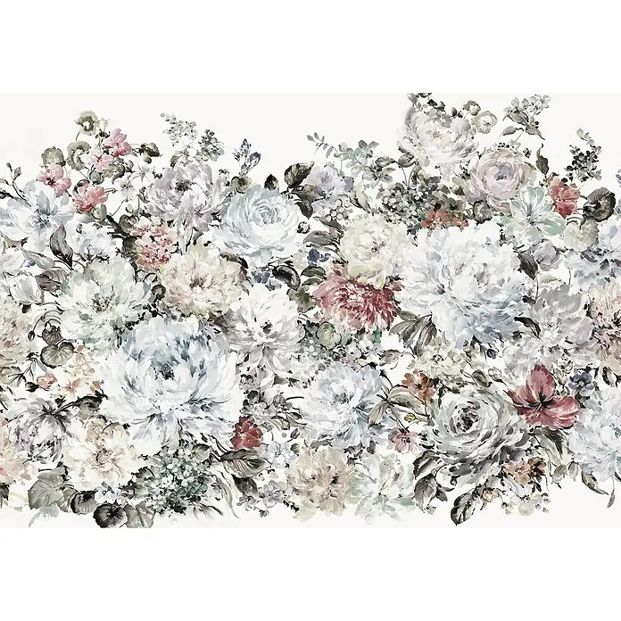 Komar Ink Fototapete Posy - 8 -tlg., B x H: 400 x 280 cm, Vlies - Elegante florale Tapete mit zarten Rosen und Pfingstrosen in gedämpften Farben, die eine romantische und ruhige Atmosphäre schafft.