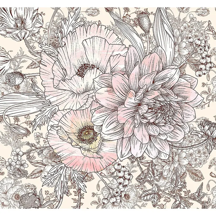 Komar Ink Fototapete Allegra6 -tlg., B x H: 300 x 280 cm, Vlies - Zartes Blumenmuster mit Rosen und Mohnblumen in sanften Rosatönen. Elegantes Design für Mode oder Dekor.