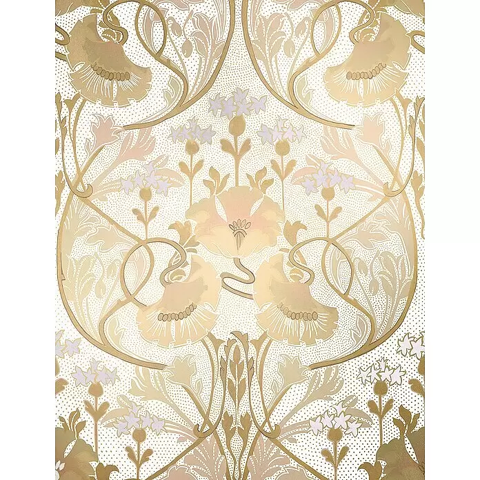 Komar Raw Fototapete Fino - 4 -tlg., B x H: 200 x 280 cm, Vlies - Gold-beige-lila Jugendstil-Blumenmuster mit geschwungenen Motiven und gepunkteter Textur.