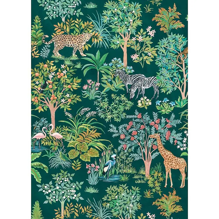 Komar Ink Fototapete Happy Jungle - 4 -tlg., B x H: 200 x 280 cm, Vlies - Detailreiche Dschungeltapete mit Leopard, Zebras, Giraffe, Flamingos und üppiger Vegetation auf dunklem Grund für ein exotisches Raumambiente.