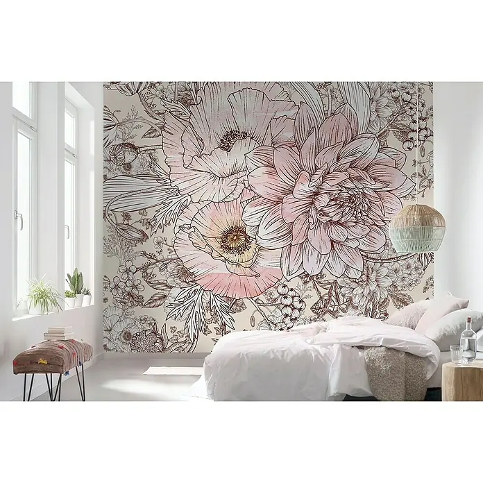Komar Ink Fototapete Allegra6 -tlg., B x H: 300 x 280 cm, Vlies - Schlafzimmer mit Blumenmuster-Tapete. Die Tapete mit zarten Blumenmustern verleiht dem Raum eine ruhige und stilvolle Atmosphäre.