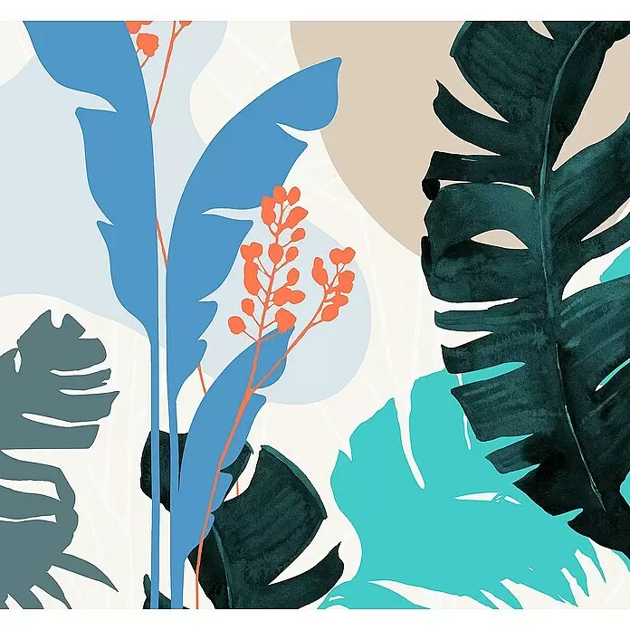 Komar Ink Fototapete Tropical Shapes - 6 -tlg., B x H: 300 x 280 cm, Vlies - Farbenfroher, abstrakter Kunstdruck mit tropischen Blättern in Blau, Türkis und Dunkelgrün sowie orangefarbenen Beeren.