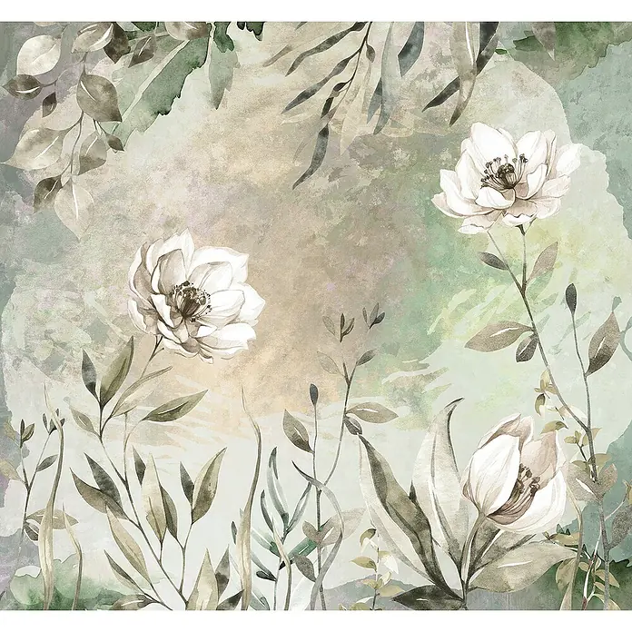Komar Ink Fototapete Petite Brise - 6 -tlg., B x H: 300 x 280 cm, Vlies - Elegante Aquarell-Blumentapete mit weißen Blüten und zarten Blättern, die eine ruhige und stilvolle Atmosphäre schafft.
