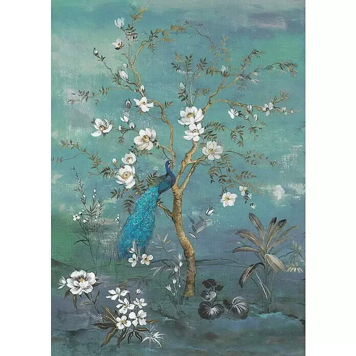 Komar Ink Fototapete Antheia - 4 -tlg., B x H: 200 x 280 cm, Vlies - Elegante Chinoiserie-Wandkunst: Pfau auf blühendem Baum mit weißen Blüten vor türkisem Hintergrund.