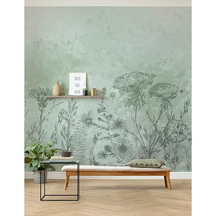 Komar Ink Fototapete Whiff - 6 -tlg., B x H: 300 x 280 cm, Vlies - Dekorativer Raum mit einem floralen Wandbild in grünen Farbtönen, das eine friedliche und natürliche Atmosphäre schafft.
