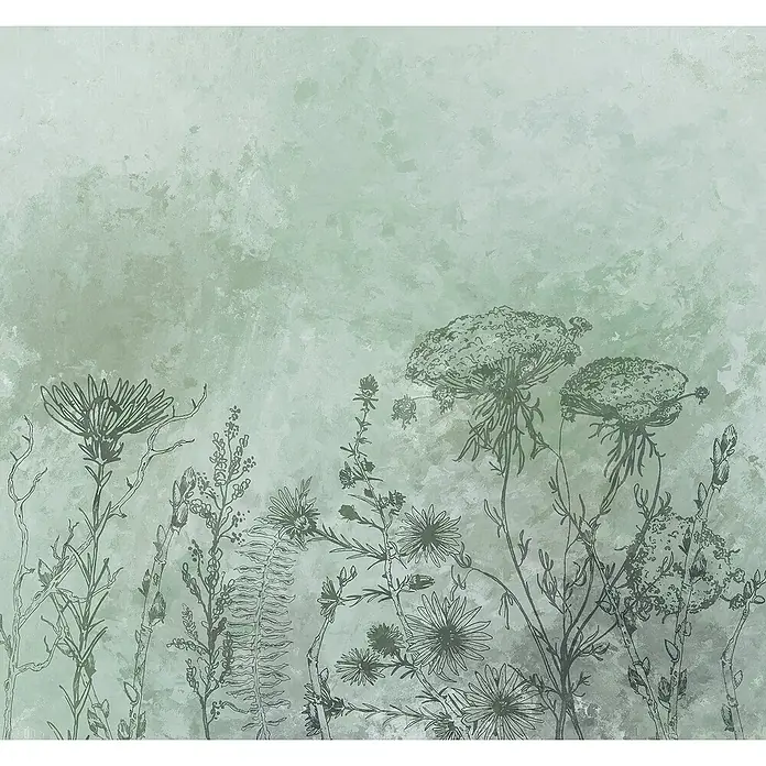 Komar Ink Fototapete Whiff - 6 -tlg., B x H: 300 x 280 cm, Vlies - Zarte Wildblumenillustration auf einem strukturierten, grünlichen Hintergrund. Ein Hauch von Natur und Eleganz für Ihre Projekte.