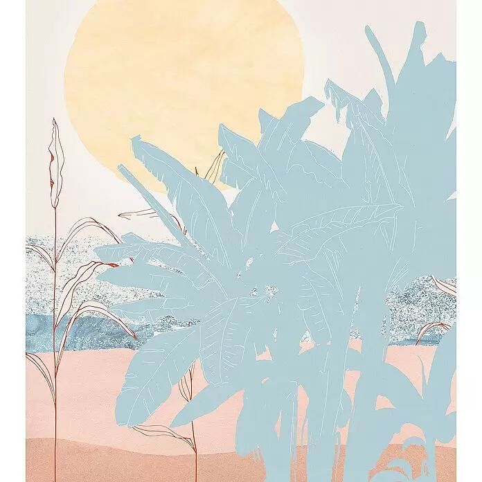 Komar Ink Fototapete Banana Leaves - 5 -tlg., B x H: 250 x 280 cm, Vlies - Abstraktes tropisches Landschaftsbild mit großer hellgelber Sonne, hellblauen Pflanzensilhouetten, strukturiertem rosa-braunem Boden und feinen roten Linienpflanzen.