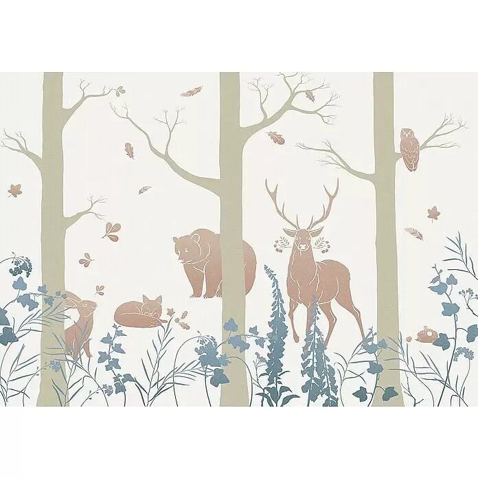 Komar Ink Fototapete Forest Animals - 8 -tlg., B x H: 400 x 280 cm, Vlies - Illustrative Waldtiertapete: Bär, Hirsch, Fuchs, Hase, Eule, Igel zwischen Bäumen und Pflanzen in gedämpfter, erdiger Farbpalette.