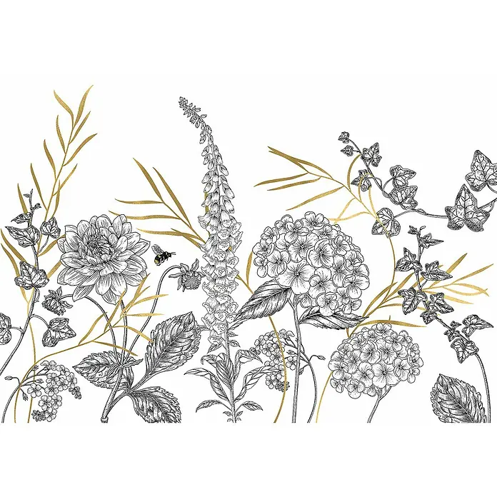 Komar Raw Fototapete Bumble Bee - 8 -tlg., B x H: 400 x 280 cm, Vlies - Elegantes florales Muster mit zarten Blüten, üppigen Blättern und goldenen Akzenten. Ein stilvolles Design für Wohnaccessoires und Dekorationen.