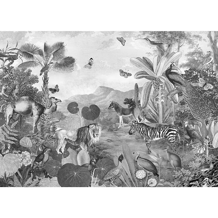 Komar Home Fototapete Flora and Fauna7 -tlg., B x H: 350 x 250 cm, Vlies - Eine exotische schwarz-weiße Illustration mit Dschungeltieren, Pflanzen und Bergen im Hintergrund. Wunderbare Wanddekoration.