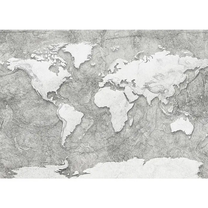 Komar Home Fototapete World Relief7 -tlg., B x H: 350 x 250 cm, Vlies - Graue Weltkarte im Steinstil. Eine stilvolle Wanddekoration oder ein Designelement für geographisch Interessierte.