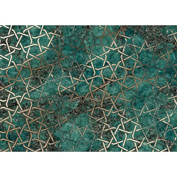 Komar Home Fototapete Starlight - 7 -tlg., B x H: 350 x 250 cm, Vlies - Dekoratives Muster mit türkisfarbenem Hintergrund und überlappenden goldenen geometrischen Formen, ideal für stilvolle Wandgestaltung.