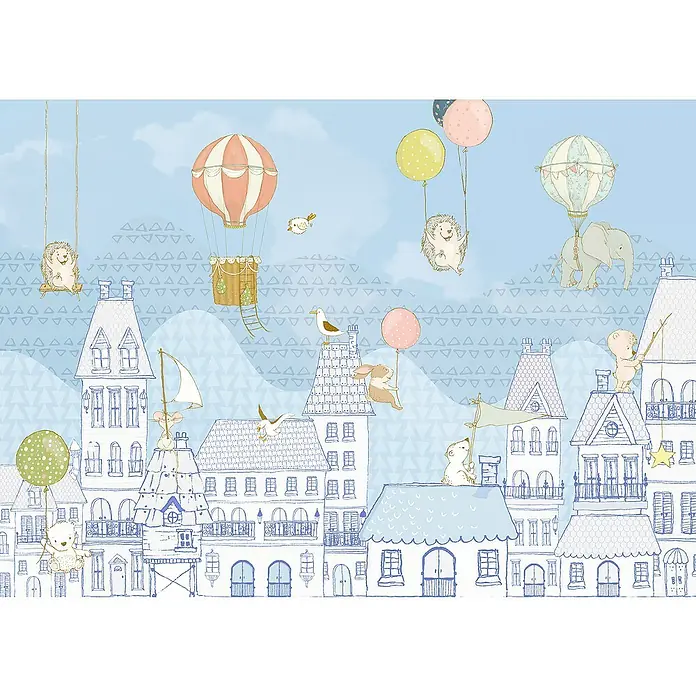 Komar Home Fototapete Rooftop Ralley - 7 -tlg., B x H: 350 x 250 cm, Vlies - Eine malerische Illustration einer Stadt mit Tieren und Ballons, die eine fantasievolle und kinderfreundliche Atmosphäre schafft.