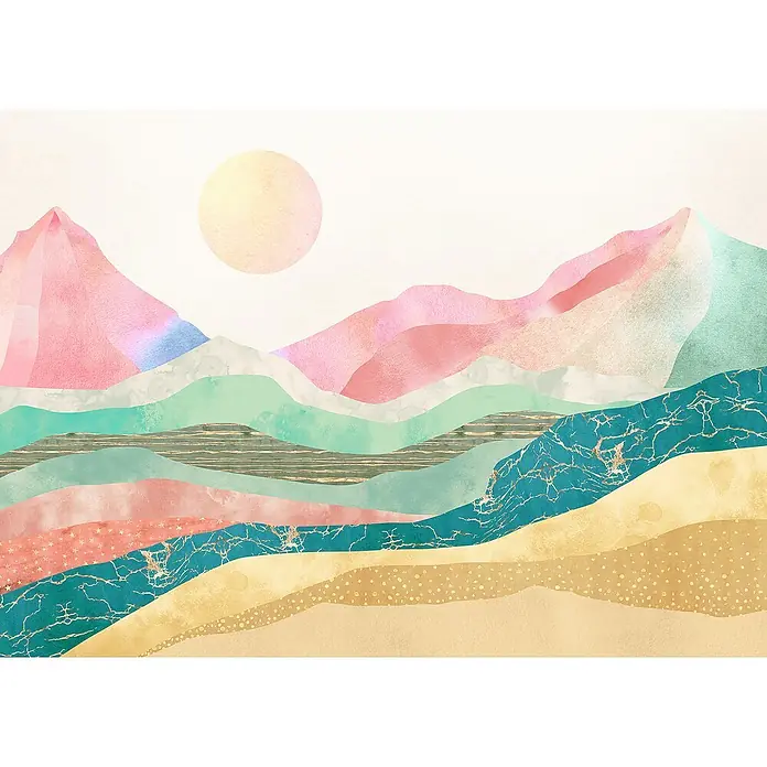 Komar Home Fototapete Holy Mountain7 -tlg., B x H: 350 x 250 cm, Vlies - Abstrakte Aquarellmalerei einer Berglandschaft mit sanften Hügeln, einem hellen Himmel und einem strahlenden Vollmond.