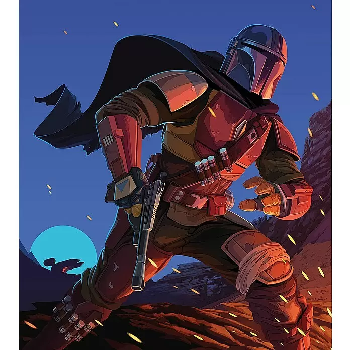 Komar Star Wars Fototapete Mandalorian Big Ambush - 5 -tlg., B x H: 250 x 280 cm, Vlies - Der Mandalorianer in Beskar-Rüstung und dunklem Umhang, hält einen Blaster in Wüstenlandschaft unter blauem Mond mit fliegenden Funken.