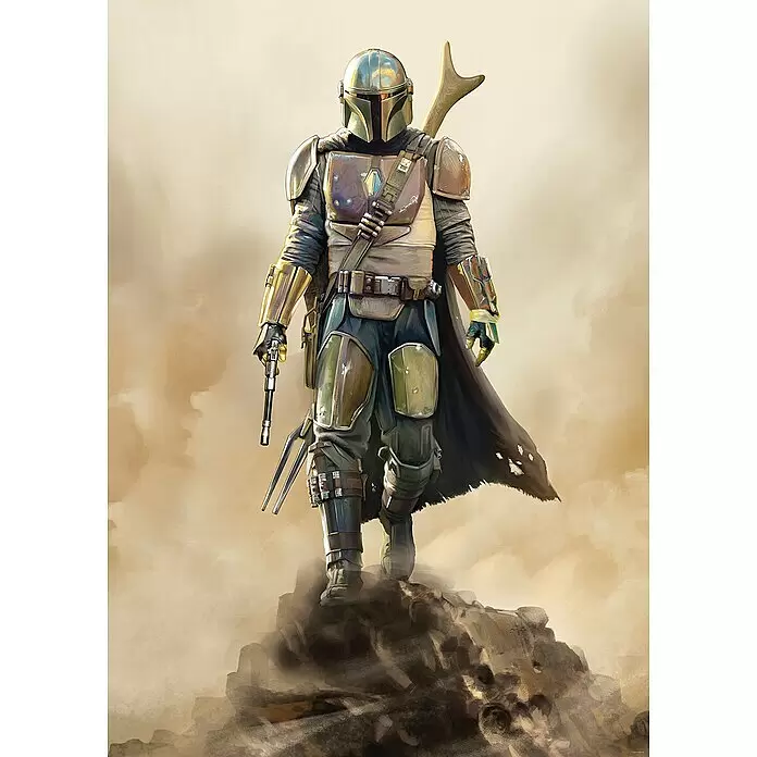 Komar Star Wars Fototapete The Mandalorian The Hunter - 4 -tlg., B x H: 200 x 280 cm, Vlies - Der Mandalorianer in Beskar-Rüstung steht auf felsigem Wüstenterrain, hält einen Blaster und trägt sein Gewehr.
